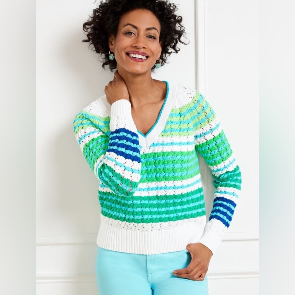 Talbots Open Stitch V-neck Sweater - Stripe NWT